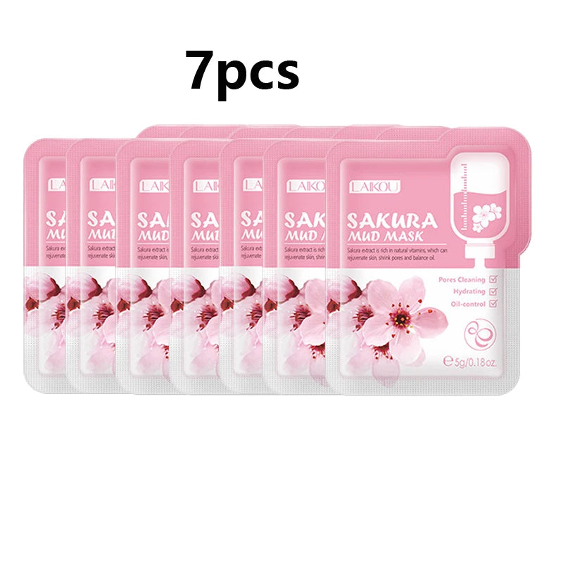 7pcs Japan Sakura Mud Face Mask Deep Cleansing Remove Blackheads Oil-Control Clay Mask Moisturizing Packs Facial Skin Care