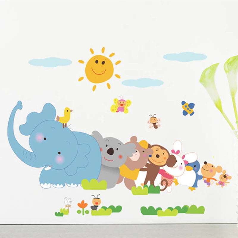 Happy Animals Elephant Monkey Wall Sticker For Kids Room Bedroom Home Decor DIY Art Background Decals Cute Cartoon Zoo Stickers