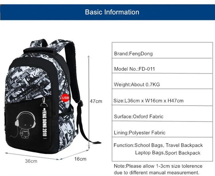 Fengdong boys school bags waterproof large backpack for teenagers bagpack high school backpack for boy student chest bag set