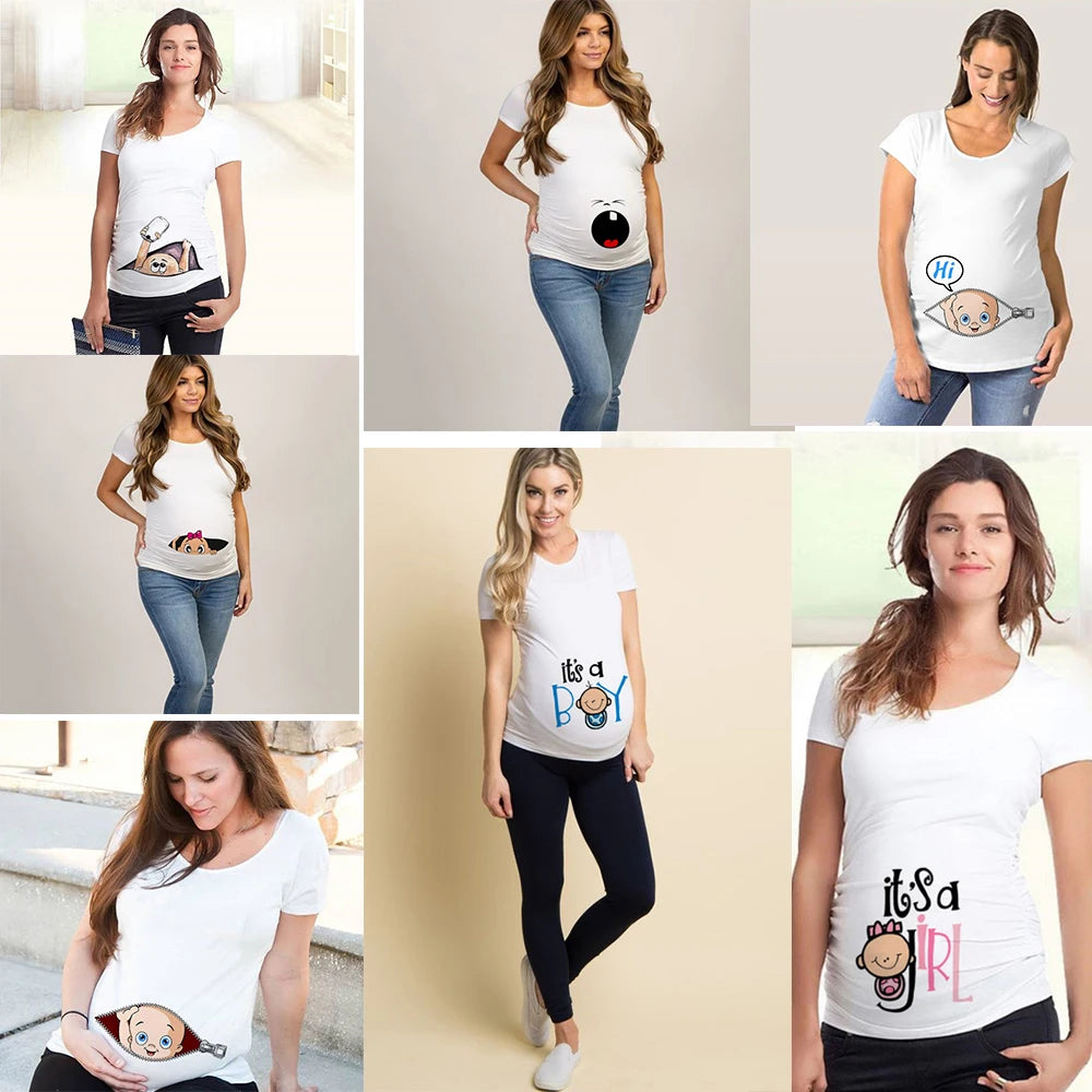 Summer Fashion Pregnant Woman Clothes Maternity Baby Peeking Sweatshirt Funny Zip Print O-Neck Hot Sale Pregnancy Tops Outfits