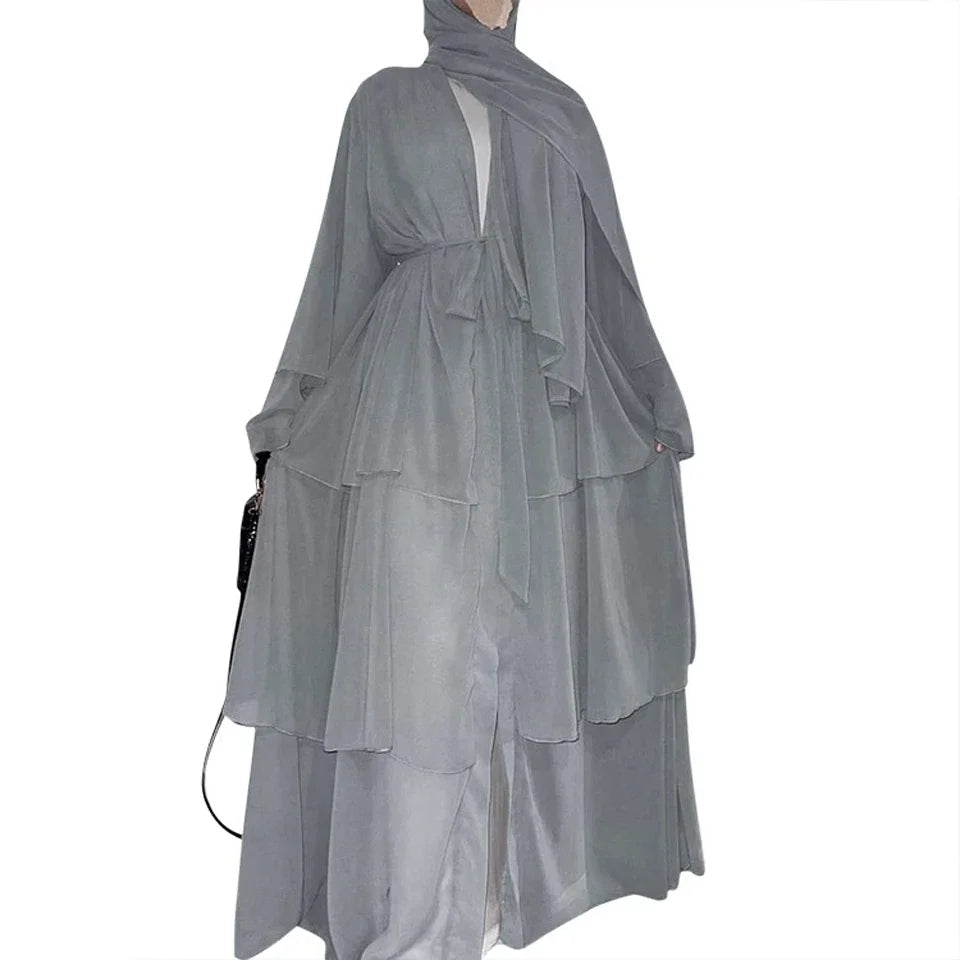 Chiffon Open Abaya Layered Women Kaftan Dubai Luxury Turkey Muslim Dress Islam Robe African Kimono Femme Clothing Caftan Fashion