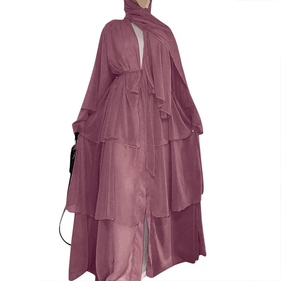 Chiffon Open Abaya Layered Women Kaftan Dubai Luxury Turkey Muslim Dress Islam Robe African Kimono Femme Clothing Caftan Fashion