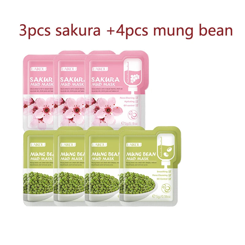 7pcs Japan Sakura Mud Face Mask Deep Cleansing Remove Blackheads Oil-Control Clay Mask Moisturizing Packs Facial Skin Care