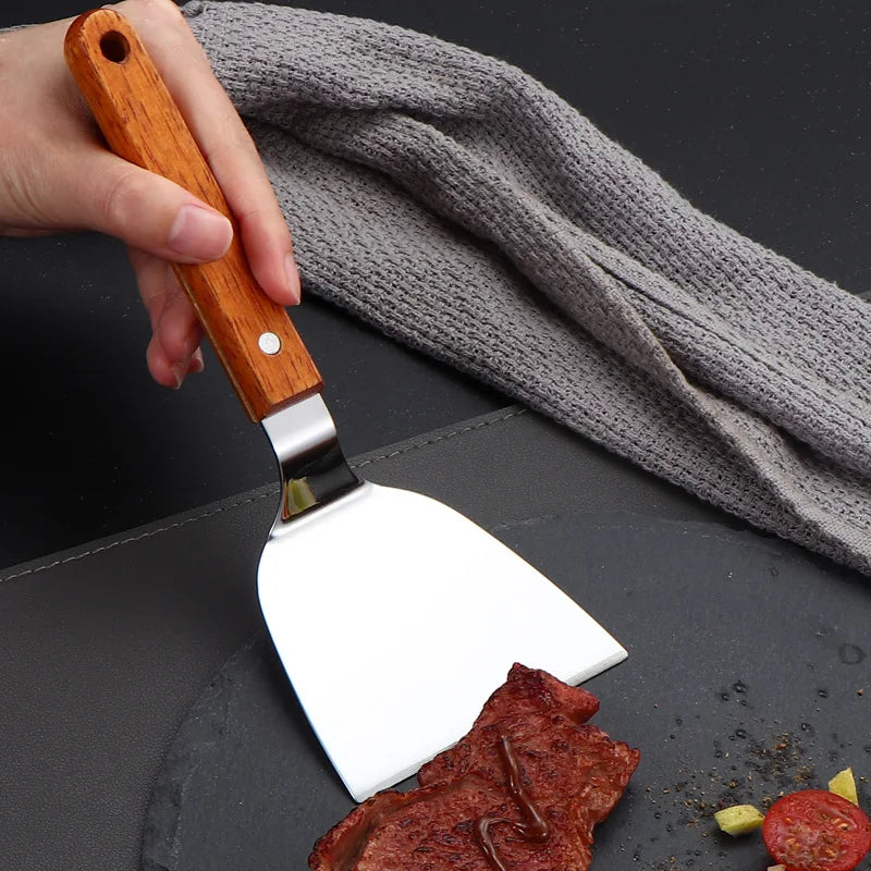 Stainless Steel Wooden Handle Cooking Spatula Steak Pancake Frying Shovel Teppanyaki Scraper Barbecue Tool Kitchen Accessories