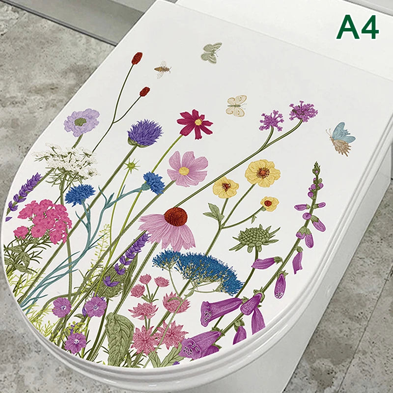 Flower Grass Bird Toilet Sticker Self Adhesive Paintings Removable Bathroom Decal Decorative Room Decor Windows Stickers