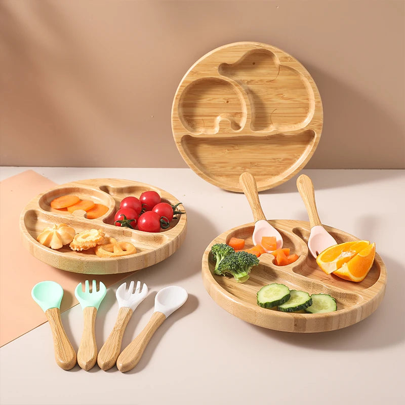 4pcs Bamboo Plate Sets Customized Baby Feeding Bowl Car Cloud Shaped Plate Spoon Fork Tableware Suction Plate Bowl Feeding Set