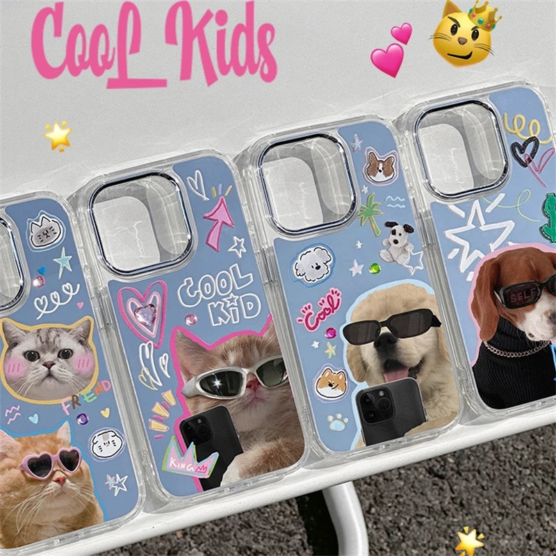 Korean Funny Sunglasses Puppy Makeup Mirror Phone Case For iPhone 16 15 14 Rro Max 13 12 11 Cute Cat Animal Y2K Shockproof Funda