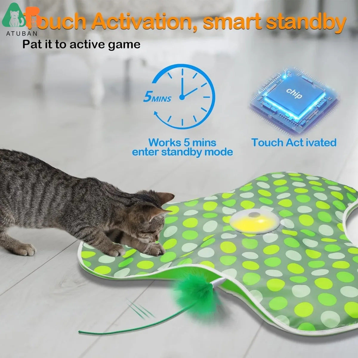 Interactive Cat Toys Rechargeable,Moving Concealed Feathers,Real Mouse Squeaky,Touch Activated Cat Kitten Toy Cat Exercise Toys