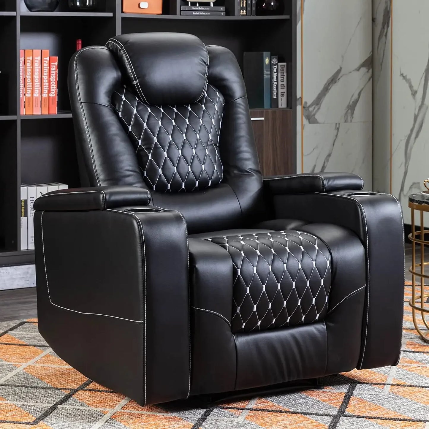 Power Recliner Chair With USB Ports And Cup Holders - Overstuffed Electric Home Theater Seating PU Leather Reclining Furnitu