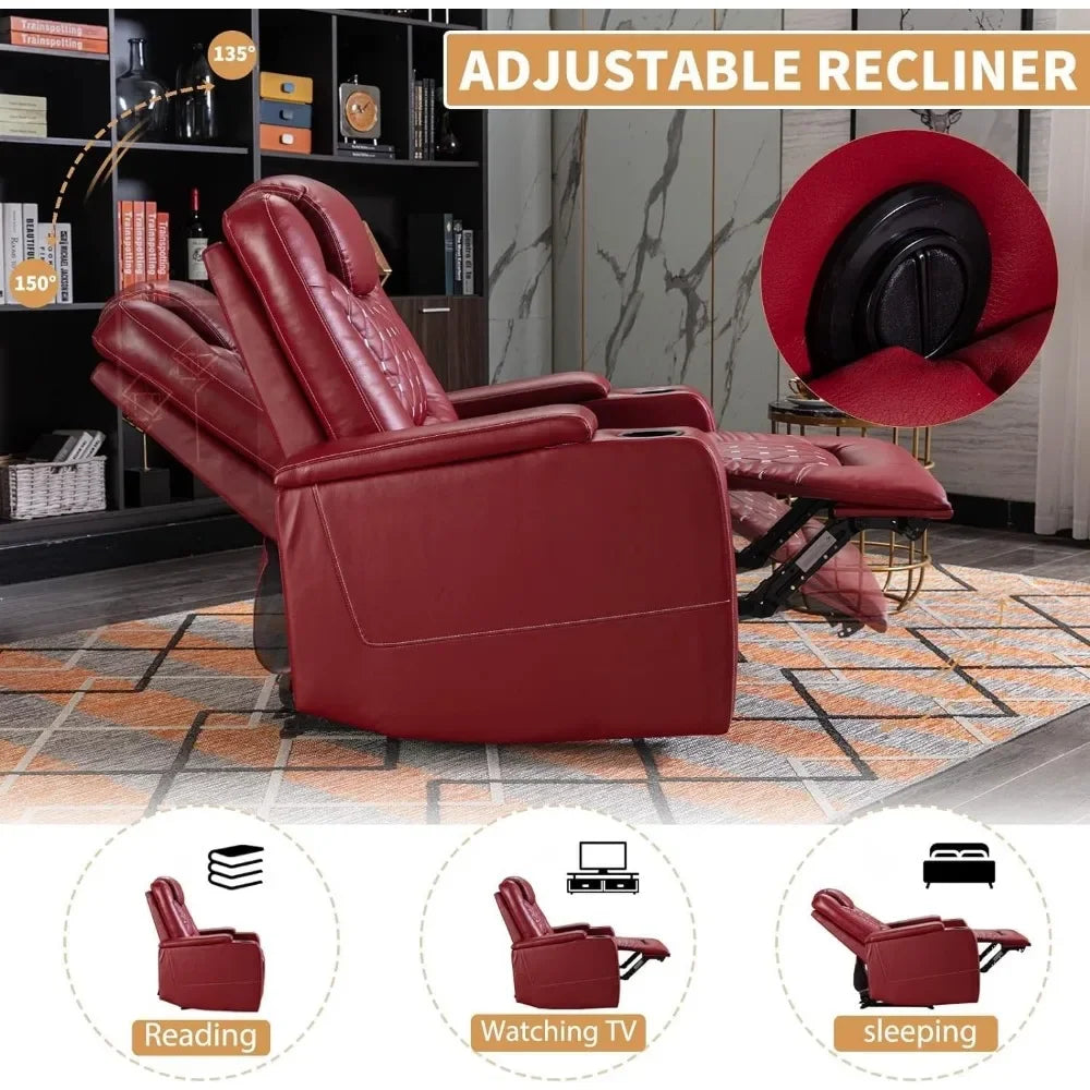 Power Recliner Chair With USB Ports And Cup Holders - Overstuffed Electric Home Theater Seating PU Leather Reclining Furnitu