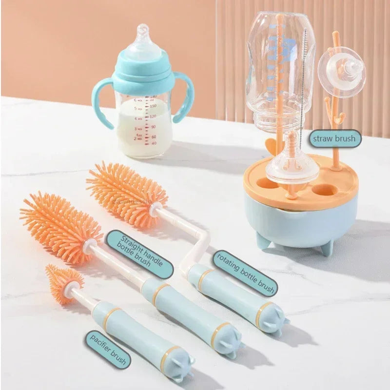 Baby Silicone Bottle Brush Long Handle Cleaning Brush Drying Rack Combination 360-degree Rotating Cleaning Bottle Brush Set