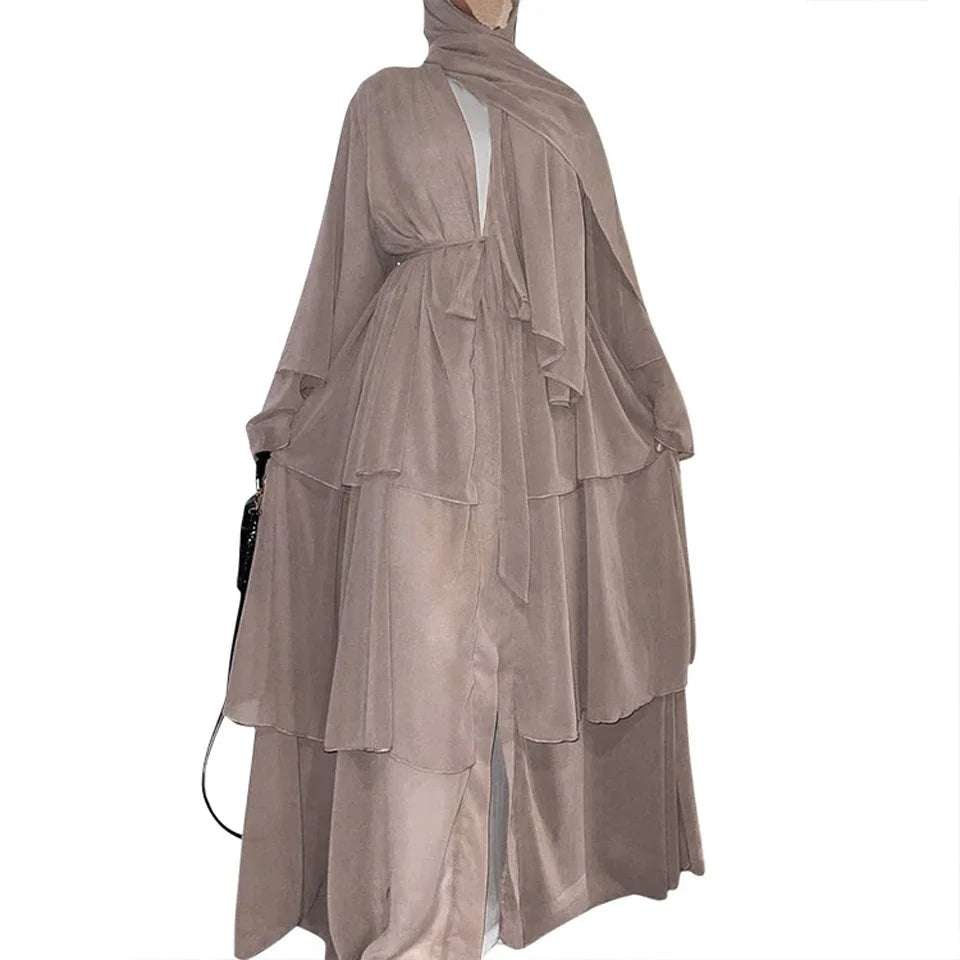 Chiffon Open Abaya Layered Women Kaftan Dubai Luxury Turkey Muslim Dress Islam Robe African Kimono Femme Clothing Caftan Fashion