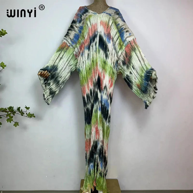 WINYI fashion print summer V-neck Knitted hollow sexy long dress Elegant party Evening dress Women Beachwear long sleeve dress