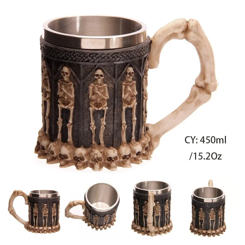 Coolest Gothic Skull Resin Stainless Steel Beer Mug Dragon Knight Tankard Halloween Coffee Cup Christmas Tea Mug Pub Bar Decor