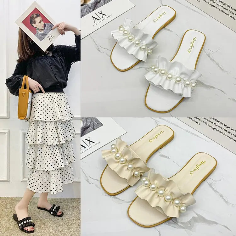 Women Slides Faux Pearl Decor Ruffle Trim Sandals Open Toe Wear-resistant Flat Slippers Summer Sandy Beach Sandals Women Shoes