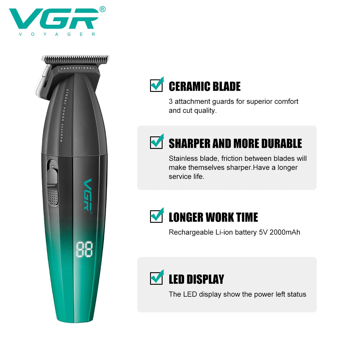 VGR Hair Clipper Electric Metal Hair Cutting Machine LED 9000 RPM Rechargeable Professional Trimmer Hair Clippers for Men V-906