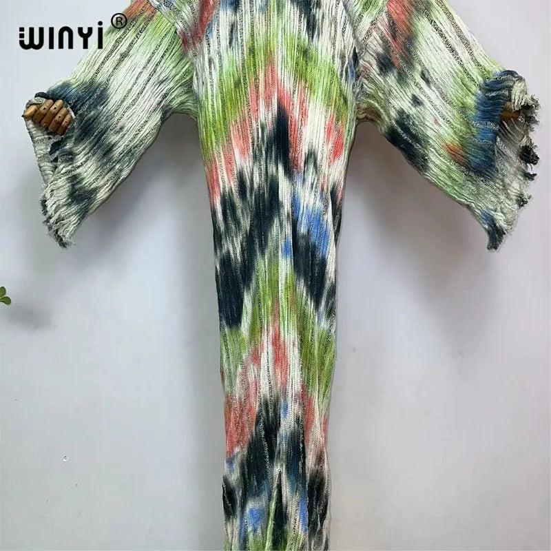 WINYI fashion print summer V-neck Knitted hollow sexy long dress Elegant party Evening dress Women Beachwear long sleeve dress