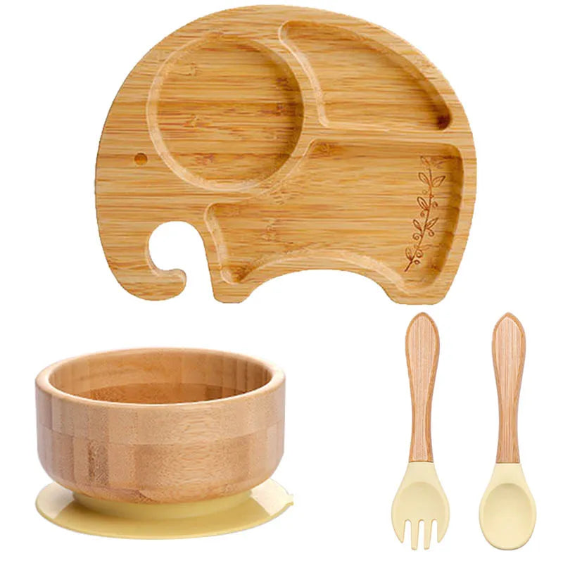 4pcs Bamboo Plate Sets Customized Baby Feeding Bowl Car Cloud Shaped Plate Spoon Fork Tableware Suction Plate Bowl Feeding Set