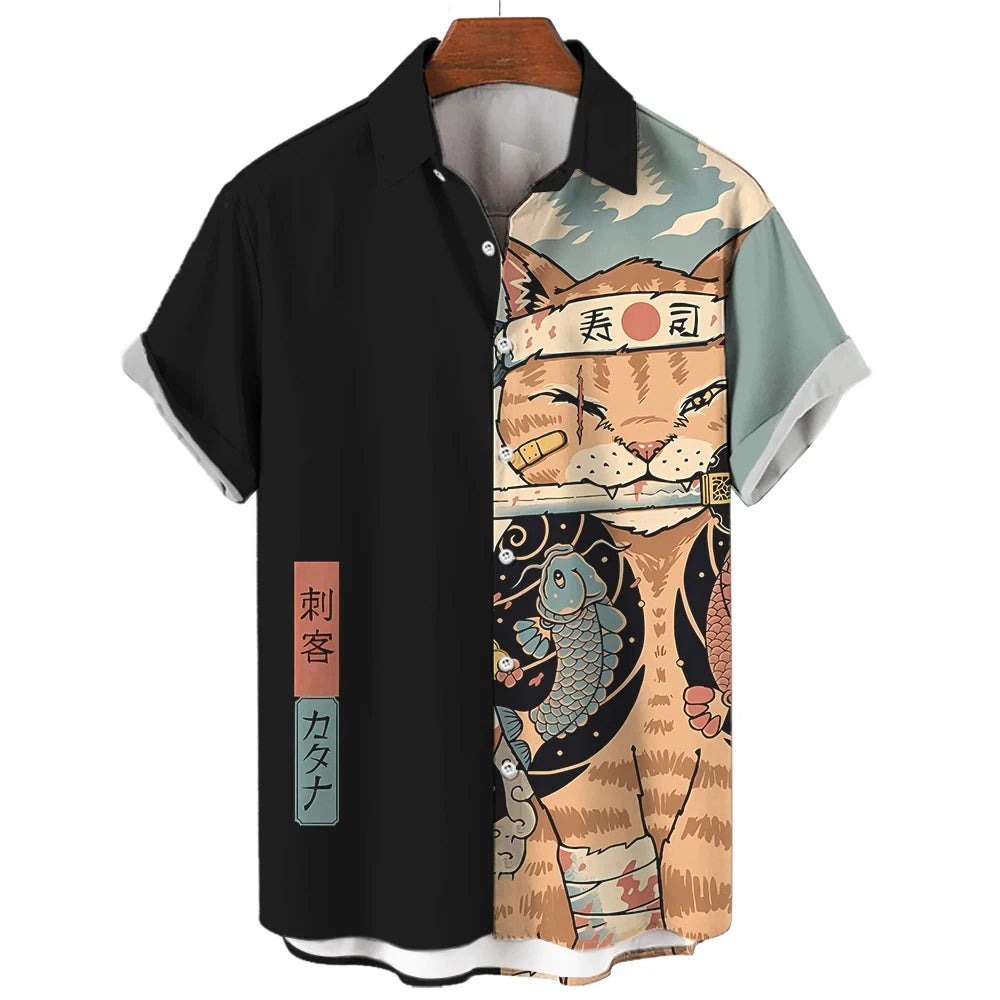 Fashion Men's Shirt Cool Samurai Cat Tops Summer New Men's Clothing Casual Short-Sleeved Buttons Loose Blouse Hawaiian Shirts