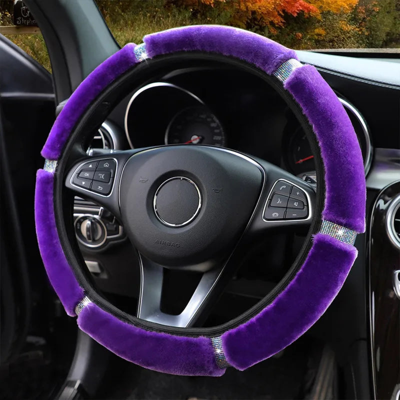 Universal 33cm Soft Plush Rhinestone Car Steering Wheel Cover Interior Parts Accessories Steering-Cover Protector Decoration