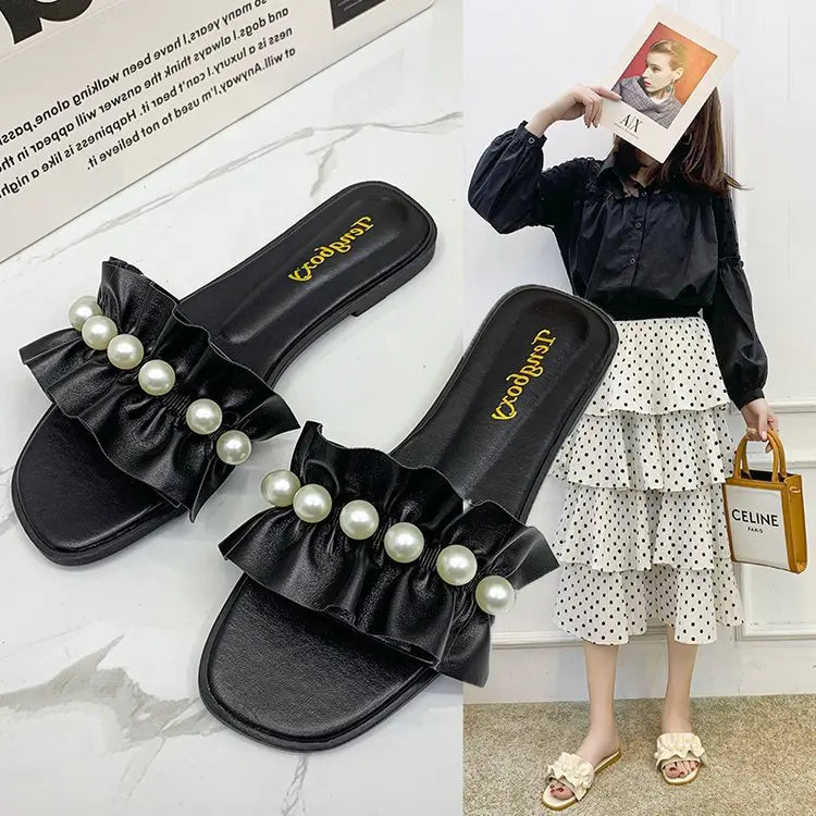 Women Slides Faux Pearl Decor Ruffle Trim Sandals Open Toe Wear-resistant Flat Slippers Summer Sandy Beach Sandals Women Shoes