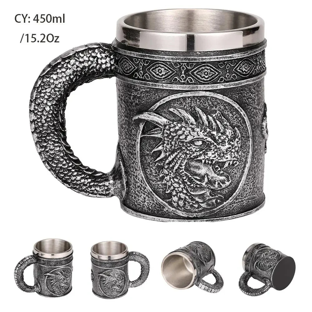 Coolest Gothic Skull Resin Stainless Steel Beer Mug Dragon Knight Tankard Halloween Coffee Cup Christmas Tea Mug Pub Bar Decor