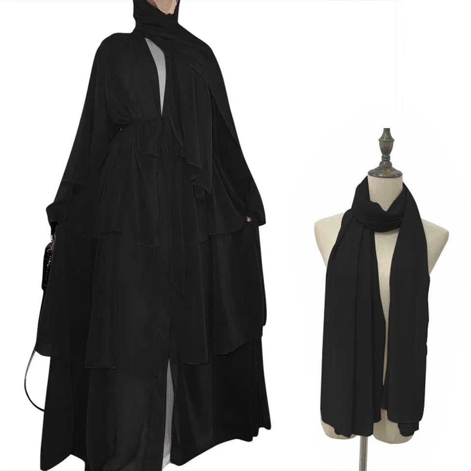 Chiffon Open Abaya Layered Women Kaftan Dubai Luxury Turkey Muslim Dress Islam Robe African Kimono Femme Clothing Caftan Fashion