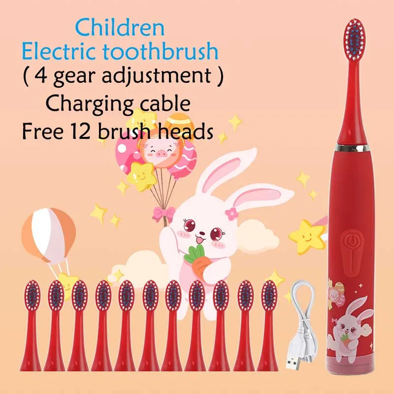 Children's Sonic Electric Toothbrush Colorful Cartoon Kids IPX7 Waterproof Ultrasonic Rechargeable Soft Hair Cleaning Brush