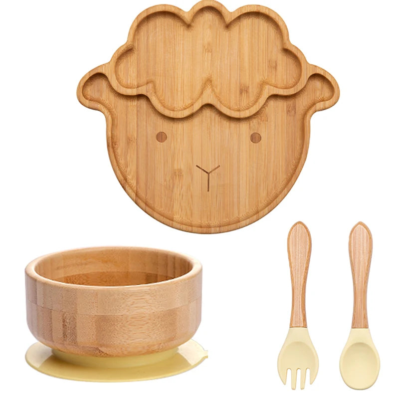 4pcs Bamboo Plate Sets Customized Baby Feeding Bowl Car Cloud Shaped Plate Spoon Fork Tableware Suction Plate Bowl Feeding Set