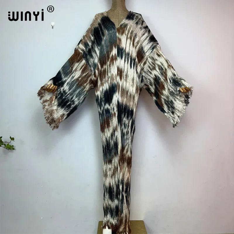 WINYI fashion print summer V-neck Knitted hollow sexy long dress Elegant party Evening dress Women Beachwear long sleeve dress