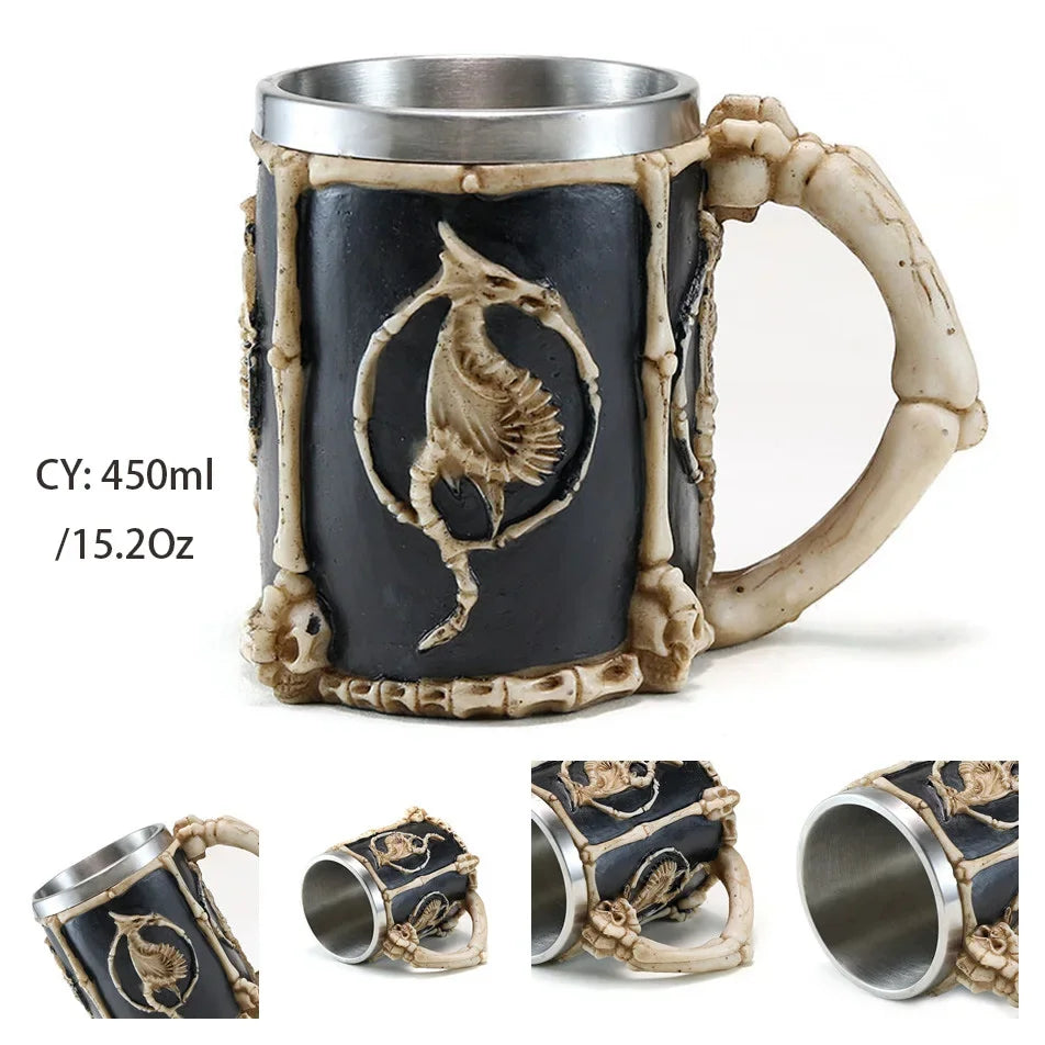 Coolest Gothic Skull Resin Stainless Steel Beer Mug Dragon Knight Tankard Halloween Coffee Cup Christmas Tea Mug Pub Bar Decor