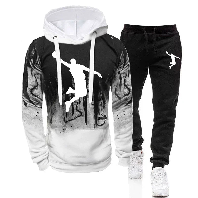 High Quality Mens Tracksuit Casual Splash-ink Hooded Sweatshirt Set Printing Sports Jogging Suit Autumn Warm Street Hot Clothing