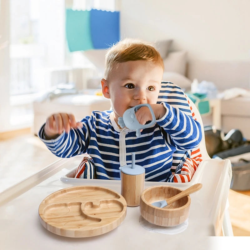 Baby Tableware Set Kids Feeding Bowls Dinner Plate Drink Cup Fork Spoon Set Newborn Silicone Bib Children Feeding Item BPA Free