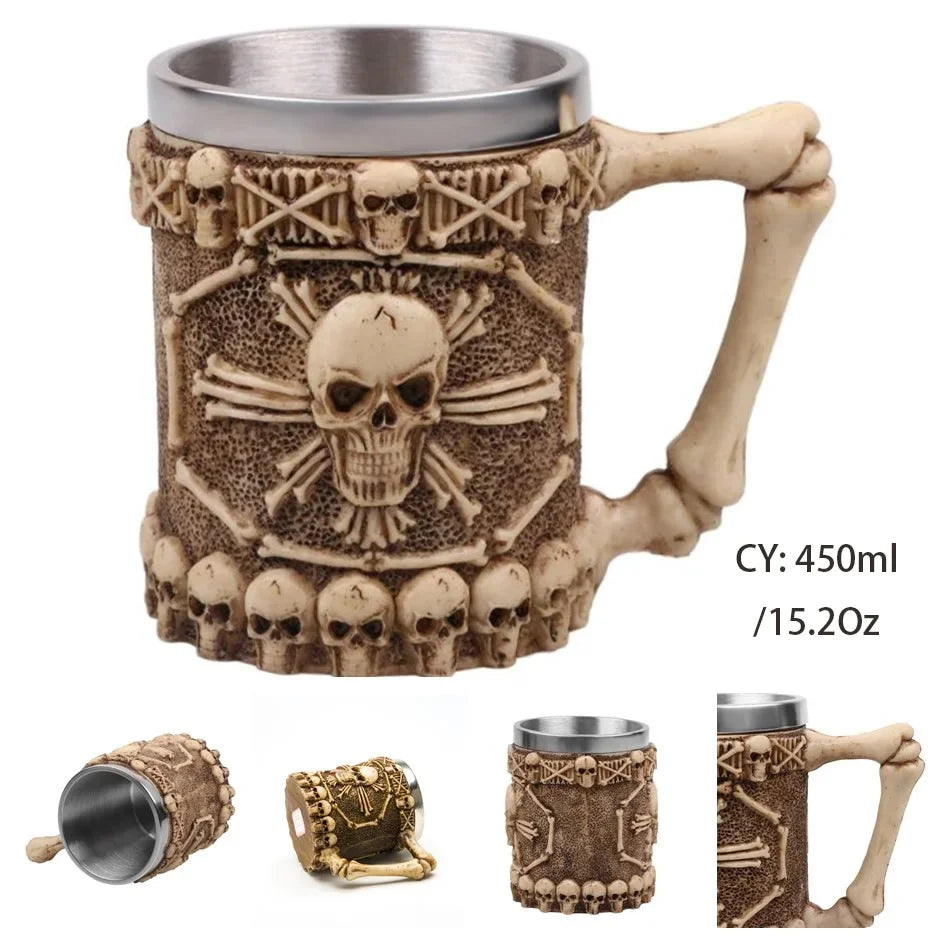 Coolest Gothic Skull Resin Stainless Steel Beer Mug Dragon Knight Tankard Halloween Coffee Cup Christmas Tea Mug Pub Bar Decor