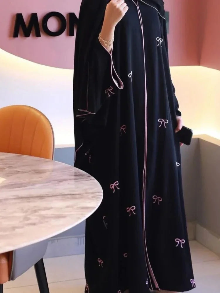 Eid Muslim Women Party Dresses Jalabiya Bow Embroidery Ramadan Morocco Vestidos Dubai Open Abayas Kaftan Islam Cardigan Robe