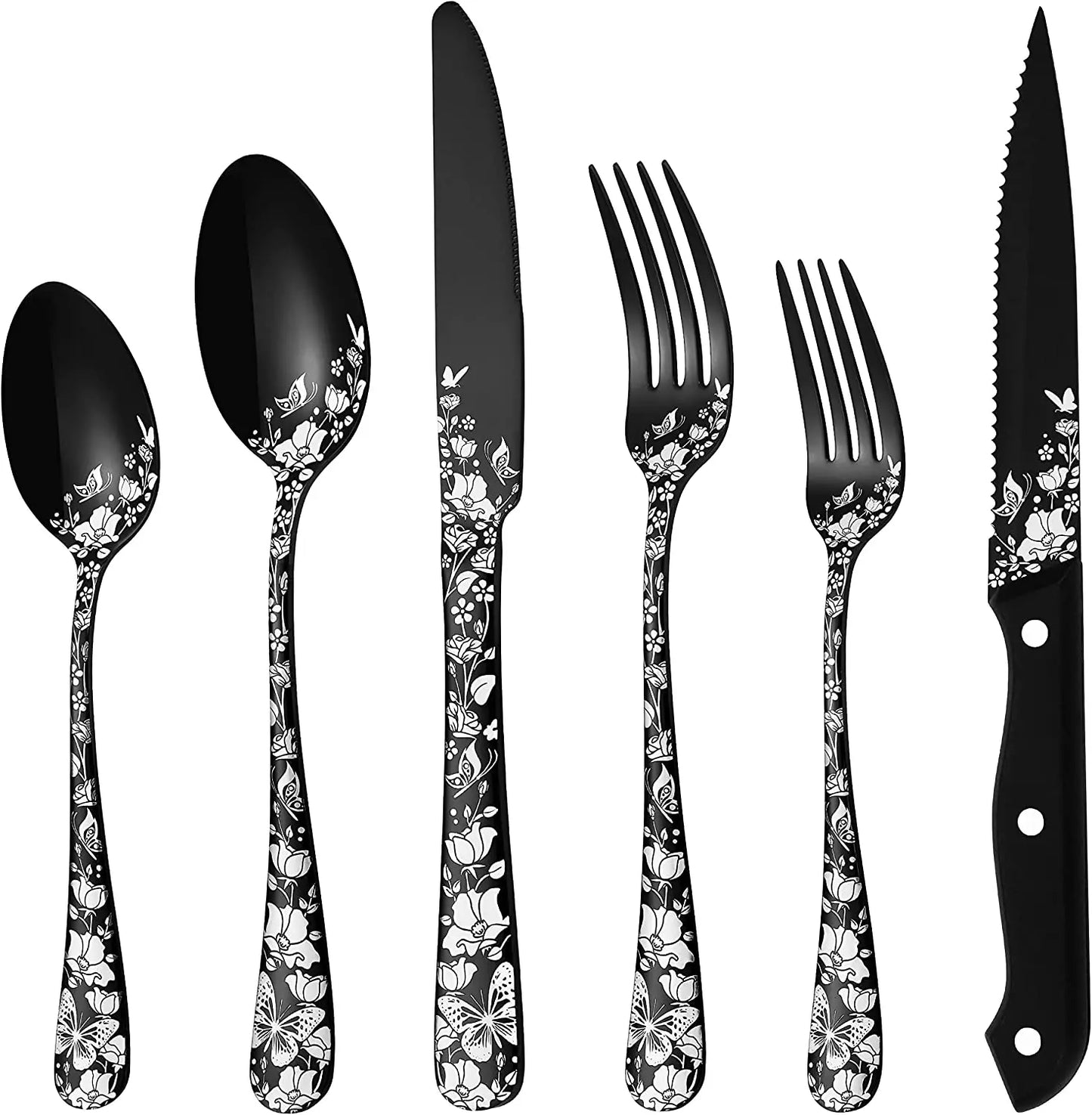 24-Piece Silverware Set with Steak Knives for 4, Unique Stainless Steel Flatware Cutlery Set, Include Fork Spoon Knife Set