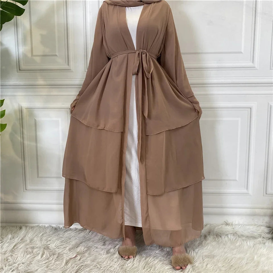 Chiffon Open Abaya Layered Women Kaftan Dubai Luxury Turkey Muslim Dress Islam Robe African Kimono Femme Clothing Caftan Fashion