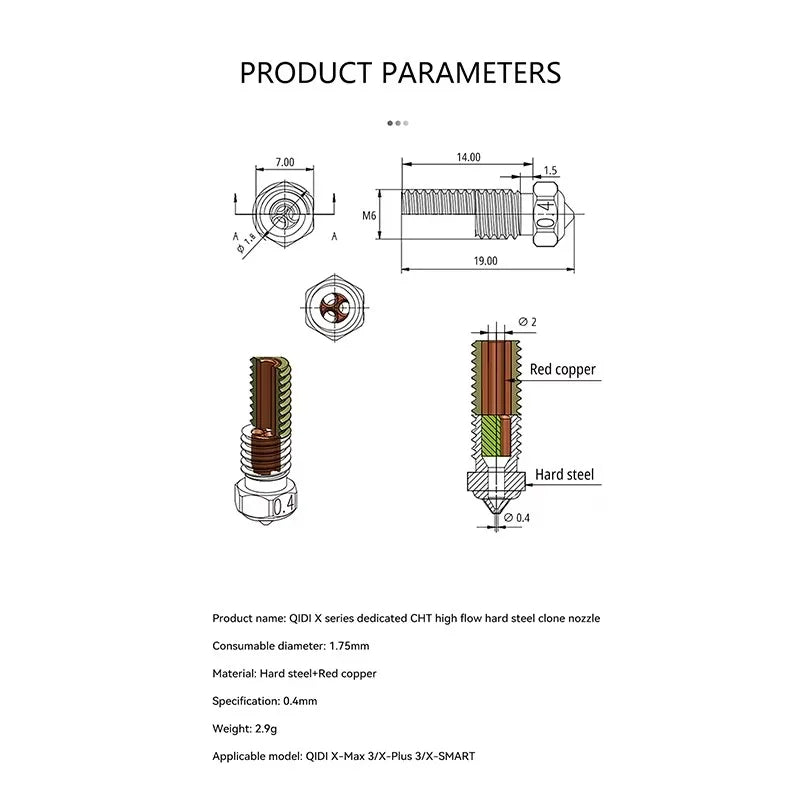 Nozzle For QIDI TECH X PLUS 3/ X MAX 3/X SMART 3 Qidi q1 Nozzle Plated Copper q1 pro Nozzle Brass Hardened Steel