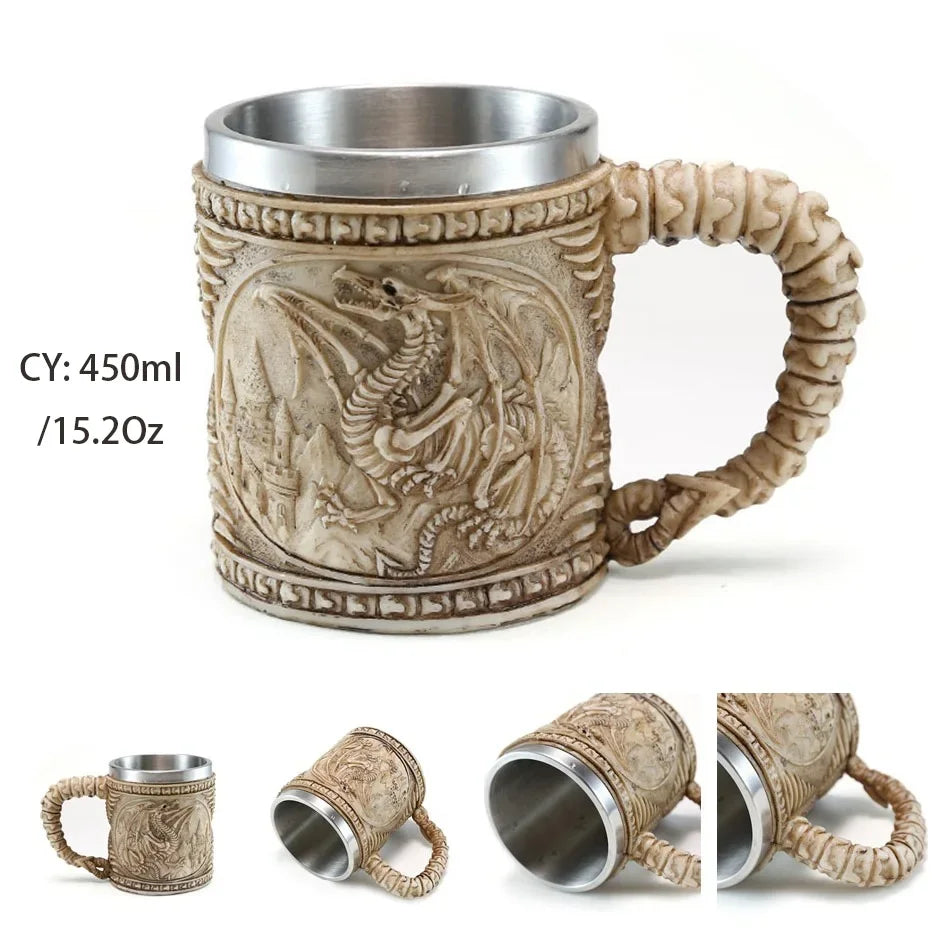 Coolest Gothic Skull Resin Stainless Steel Beer Mug Dragon Knight Tankard Halloween Coffee Cup Christmas Tea Mug Pub Bar Decor