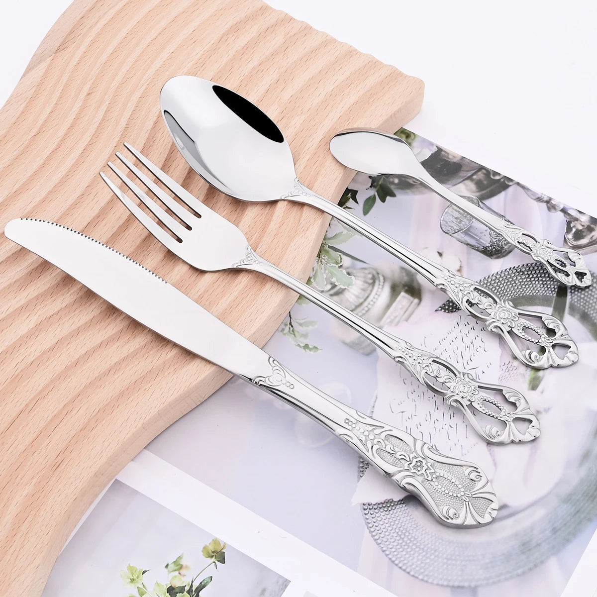 30Pcs Retro Colorful Dinnerware Set Knife Cake Fork Tea Spoon Cutlery Set Stainless Steel Flatware Tableware Kitchen Accessories