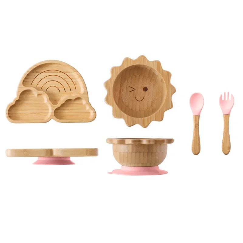 4pcs Bamboo Plate Sets Customized Baby Feeding Bowl Car Cloud Shaped Plate Spoon Fork Tableware Suction Plate Bowl Feeding Set