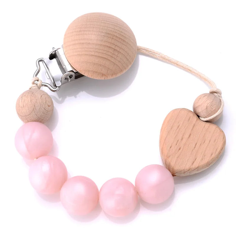 Baby Beech Pacifier Clips Heart Wood Silicone Pacifier Chain Baby Pacifier Clip Pendant Dummy Nipple Holder Anti-drop Accessory