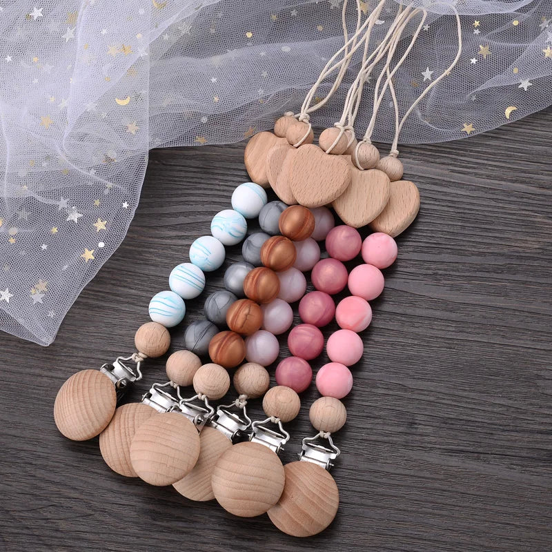 Baby Beech Pacifier Clips Heart Wood Silicone Pacifier Chain Baby Pacifier Clip Pendant Dummy Nipple Holder Anti-drop Accessory