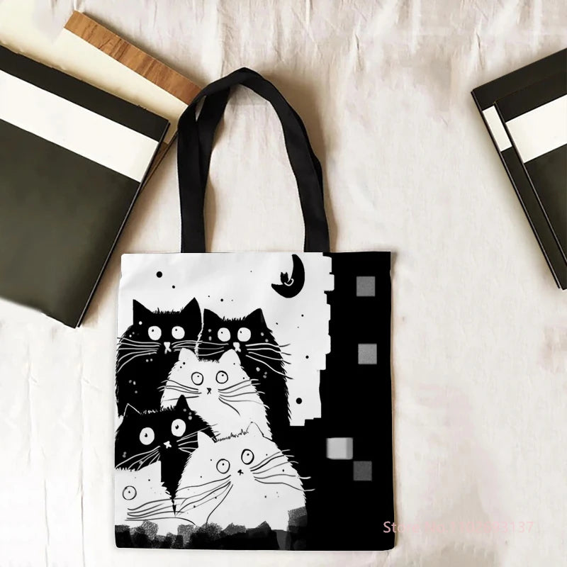 Black White Cat Tote Bag Retro Art Fashion Travel Bag Women Portable Eco Shopping High Quality Foldable Handbag Ladies Bags