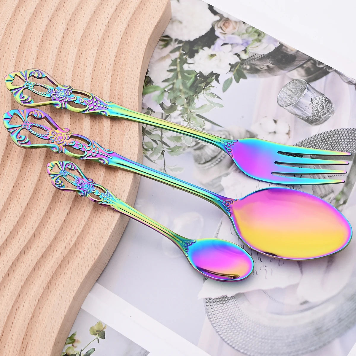 30Pcs Retro Colorful Dinnerware Set Knife Cake Fork Tea Spoon Cutlery Set Stainless Steel Flatware Tableware Kitchen Accessories