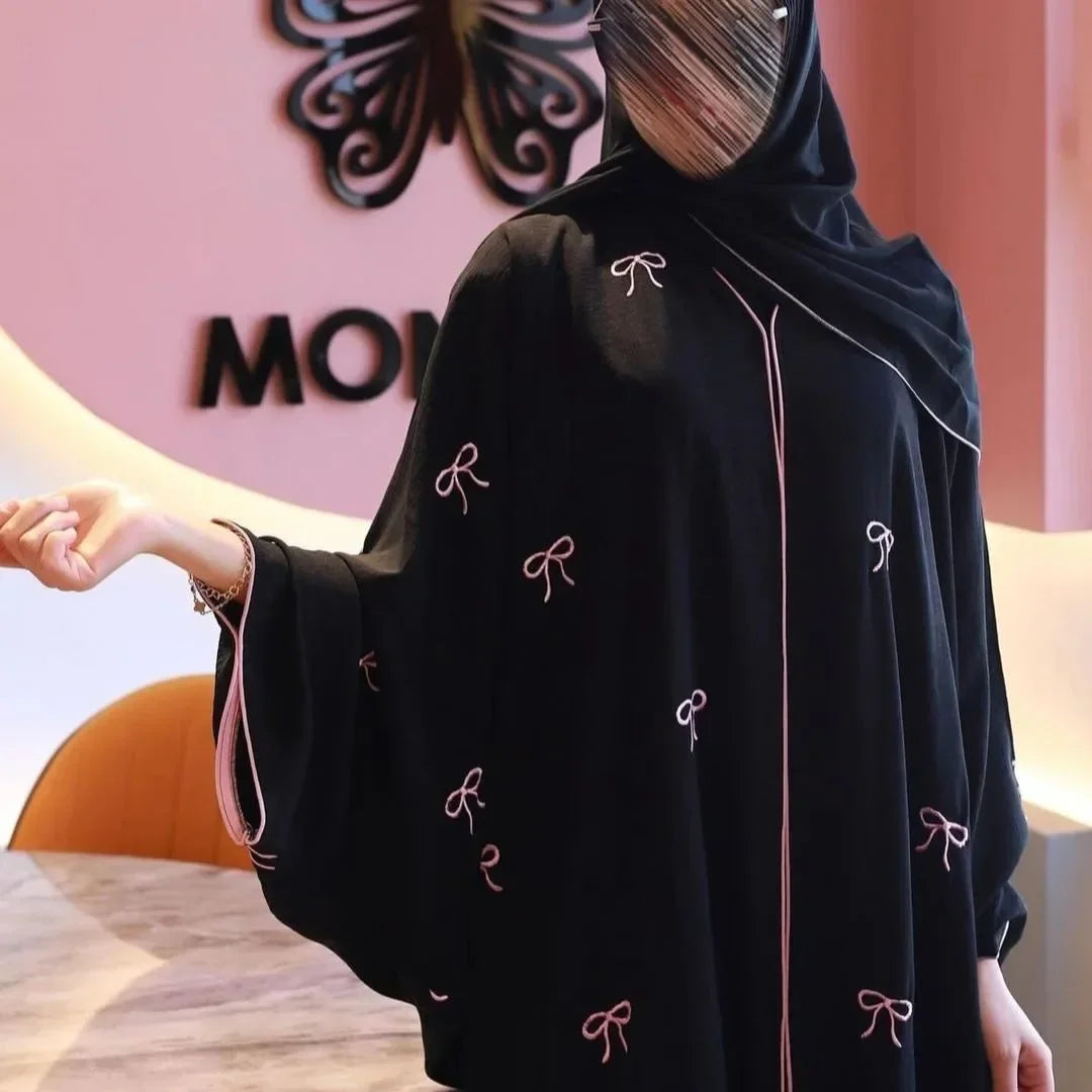 Eid Muslim Women Party Dresses Jalabiya Bow Embroidery Ramadan Morocco Vestidos Dubai Open Abayas Kaftan Islam Cardigan Robe