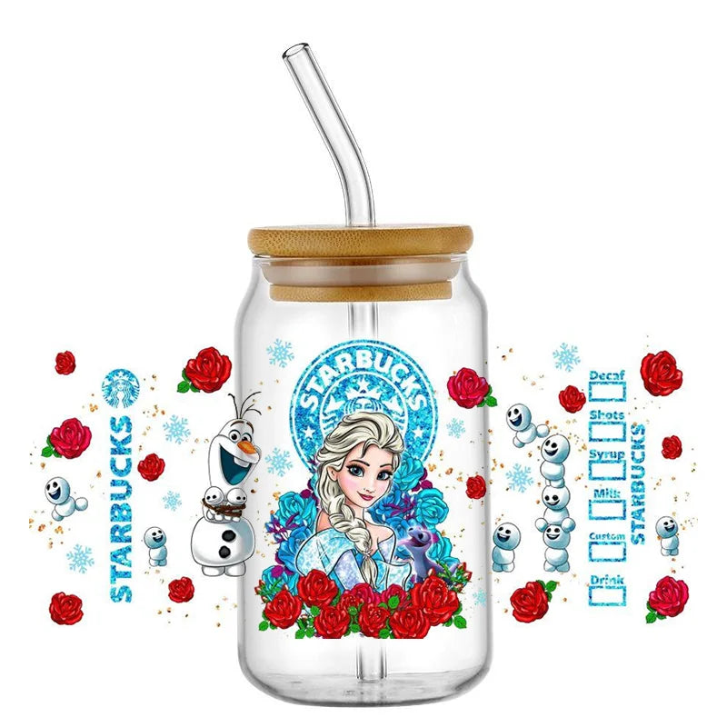 Miniso Princess Ariel Belle Cinderella Elsa UV DTF Sticker for 16ozCup Wrap Transfer Sticker Custom Label DIY Logo Self adhesive