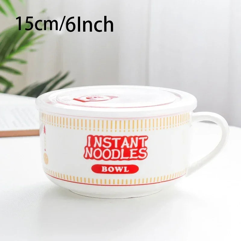 800/1100ml Ramen Bowl Korean Style Ceramic Instant Noodle Bowl Student Dormitory Fruit Salad Noodles in Soup Leakproof Bowl