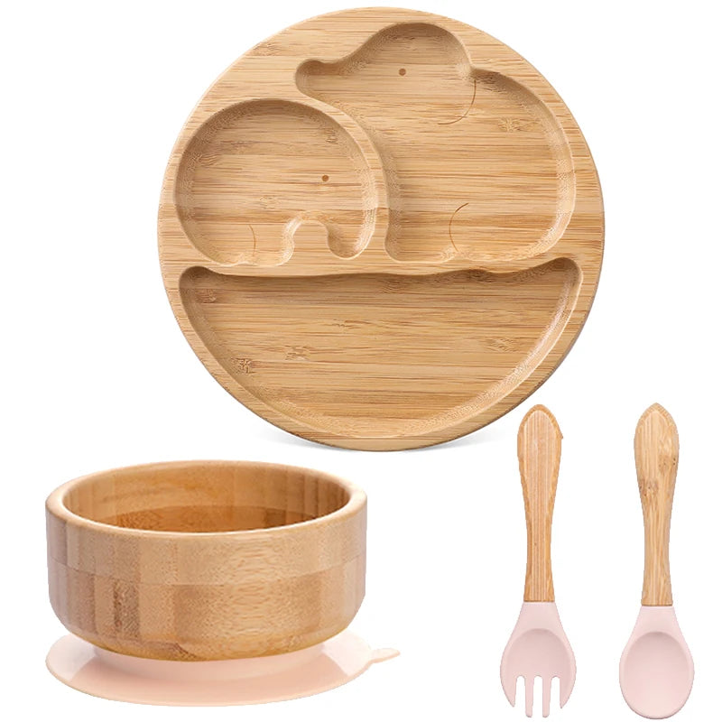 4pcs Bamboo Plate Sets Customized Baby Feeding Bowl Car Cloud Shaped Plate Spoon Fork Tableware Suction Plate Bowl Feeding Set