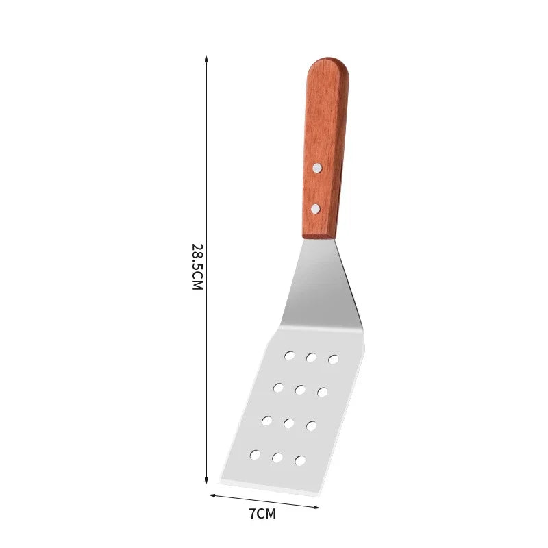 Stainless Steel Wooden Handle Cooking Spatula Steak Pancake Frying Shovel Teppanyaki Scraper Barbecue Tool Kitchen Accessories